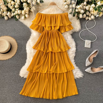 Yellow Strapless Shoulder Ruffles Dress