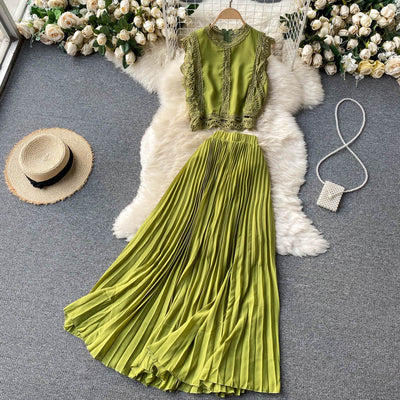 Green High Waist Pleated Chiffon Skirt Set