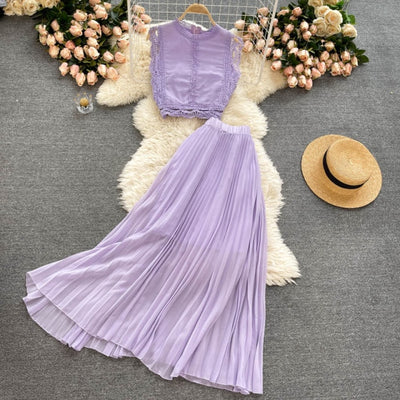 Purple High Waist Pleated Chiffon Skirt Set