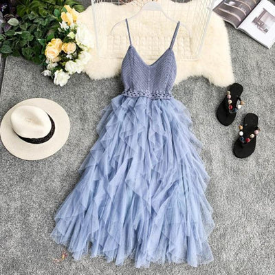 New! Blue Women's Tulle High Waist Summer Dress