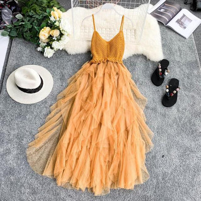 Orange Women's Tulle High Waist Summer Dress