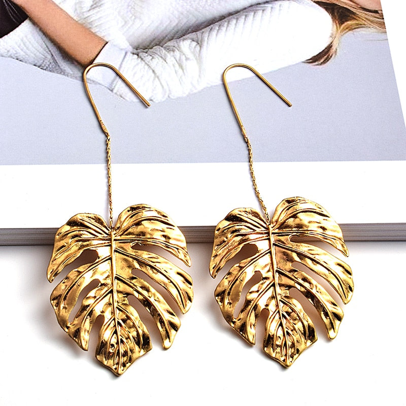Long Gold Metal Leaf Earrings
