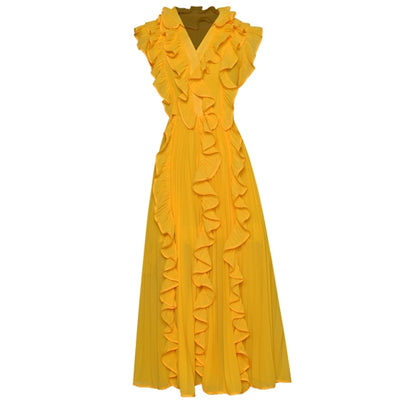 Yellow Pleated Ruffles Chic Party Dress