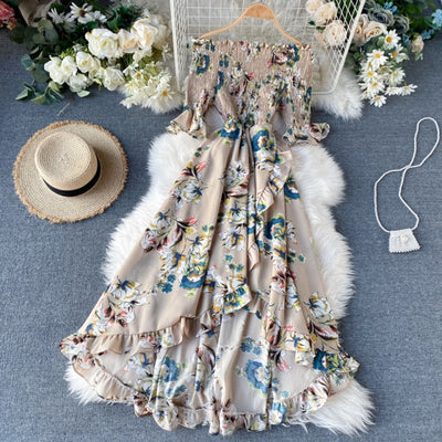 Vintage Ruffles Floral Print Off Shoulder Summer Dress