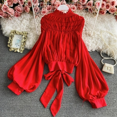 Red Vintage Court Style Draped Blouse