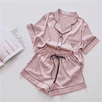Pink Satin Pajama Short Set
