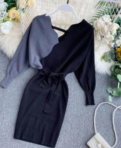 Gray V Neck Long Sleeve Knit Mini Dress