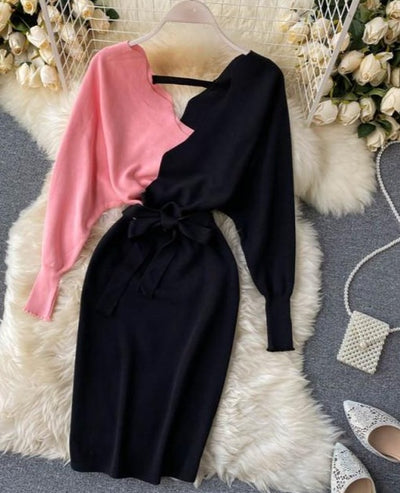 Pink V Neck Long Sleeve Knit Mini Dress
