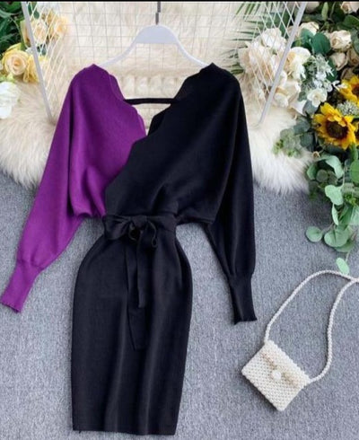 Purple V Neck Long Sleeve Knit Mini Dress