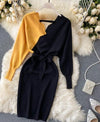 Yellow V Neck Long Sleeve Knit Mini Dress