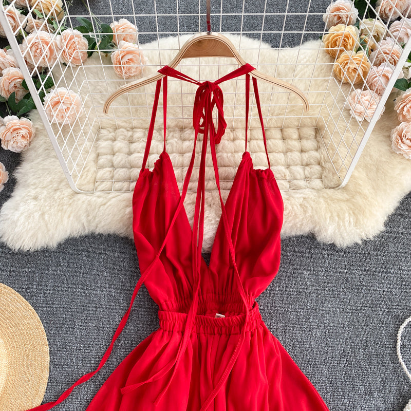 Spaghetti Strap Halter Beach Dress Red / L