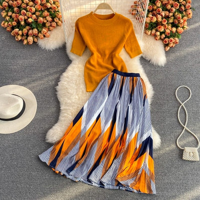 Orange Two Piece Set O-neck Knit Top and Skirt