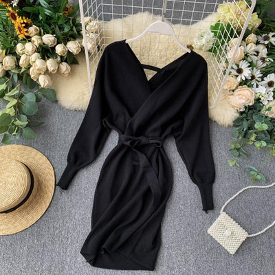 Black V- Neck Knitted Sweater Mini Dress