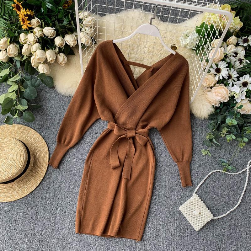 V- Neck Knitted Sweater Mini Dress Coffee / One Size V- Neck Knitted Sweater Mini Dress Coffee / One Size