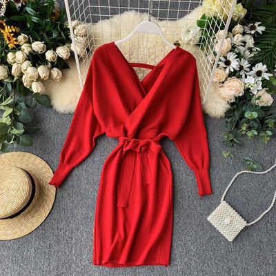 Red V- Neck Knitted Sweater Mini Dress