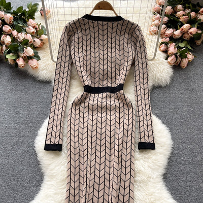 Plaid Knitted Long Sleeve Sweater Dress