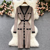 Apricot Plaid Knitted Long Sleeve Sweater Dress