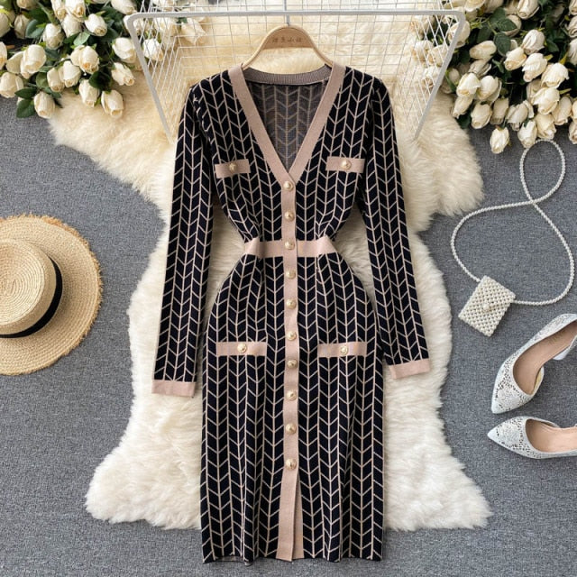 Apricot Plaid Knitted Long Sleeve Sweater Dress