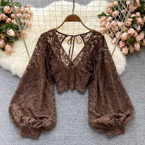 Open Back Puff Long Sleeve Lace Blouse – Anna Kay & Co