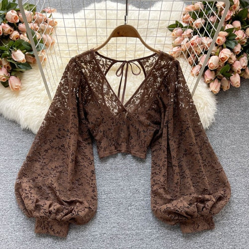 Brown Open Back Puff Long Sleeve Lace Blouse
