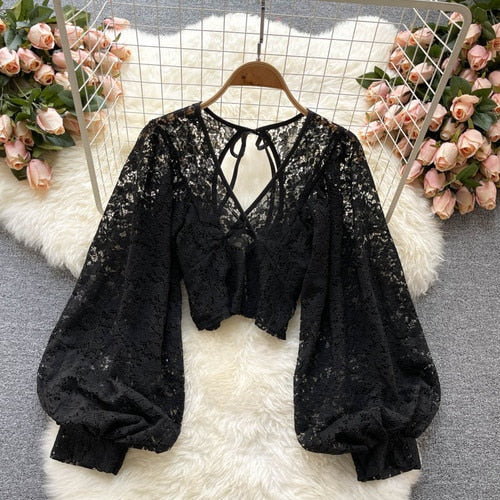 Open Back Puff Long Sleeve Lace Blouse – Anna Kay & Co