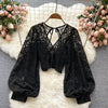 Black Open Back Puff Long Sleeve Lace Blouse