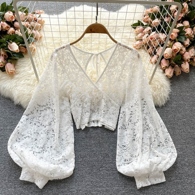 White Open Back Puff Long Sleeve Lace Blouse