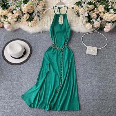 Green Hollow-out Backless Halter Dress