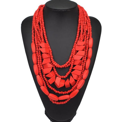 Red Multilayer Wood Beaded Statement Necklace