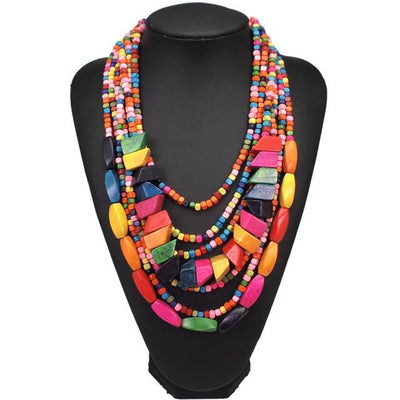 Multi Color Multilayer Wood Beaded Statement Necklace