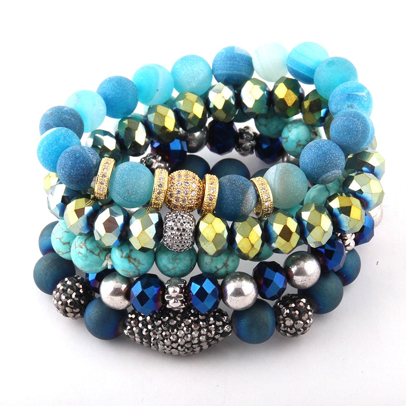 Natural Stone & Glass Crystal Pave Bracelets 5pc set