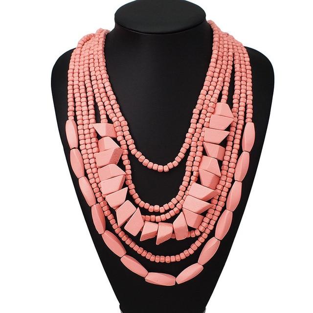 Multilayer Wood Beaded Statement Necklace